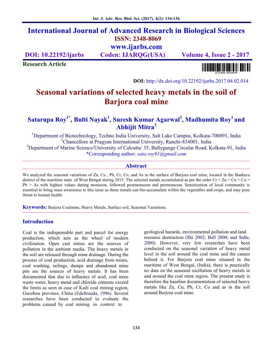 Seasonal Variations of Selected Heavy Metals in the Soil of Barjora Coal Mine