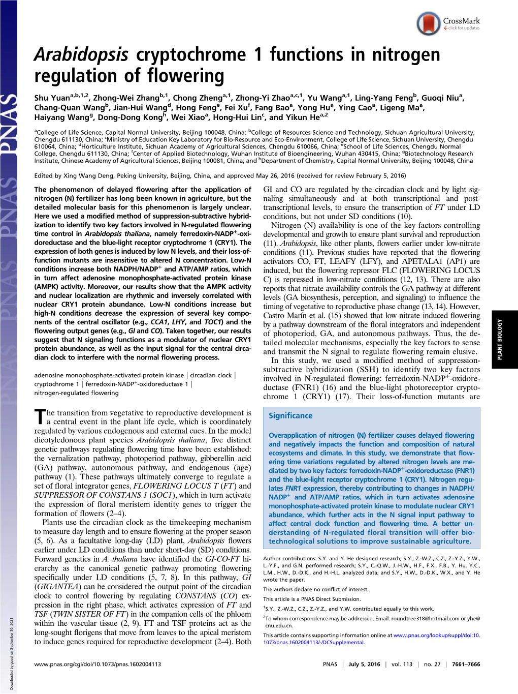 Arabidopsis Cryptochrome 1 Functions in Nitrogen Regulation of Flowering