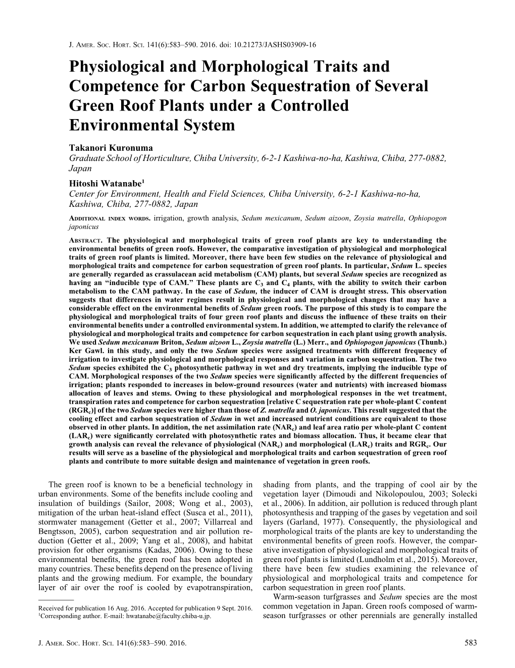 Physiological and Morphological Traits and Competence for Carbon Sequestration of Several Green Roof Plants Under a Controlled Environmental System