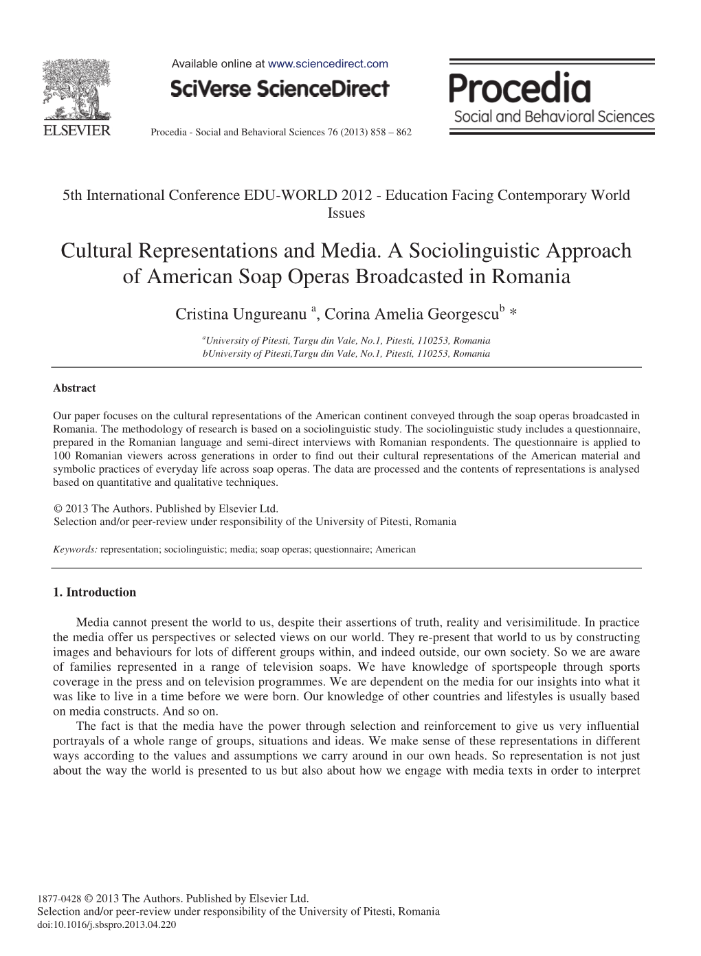 Cultural Representations and Media. a Sociolinguistic Approach of American Soap Operas Broadcasted in Romania