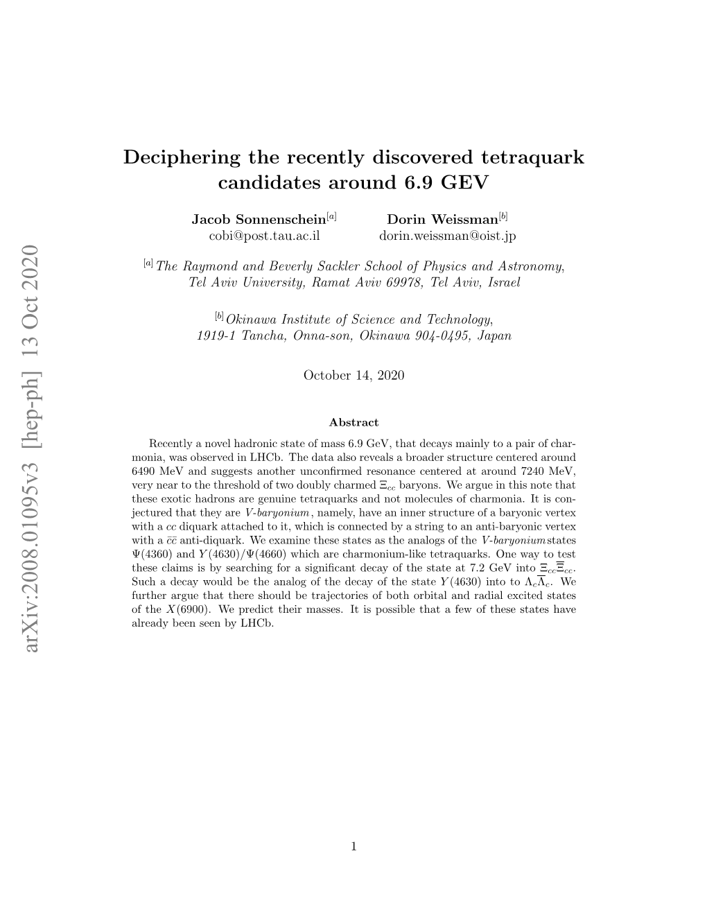 Arxiv:2008.01095V3 [Hep-Ph] 13 Oct 2020