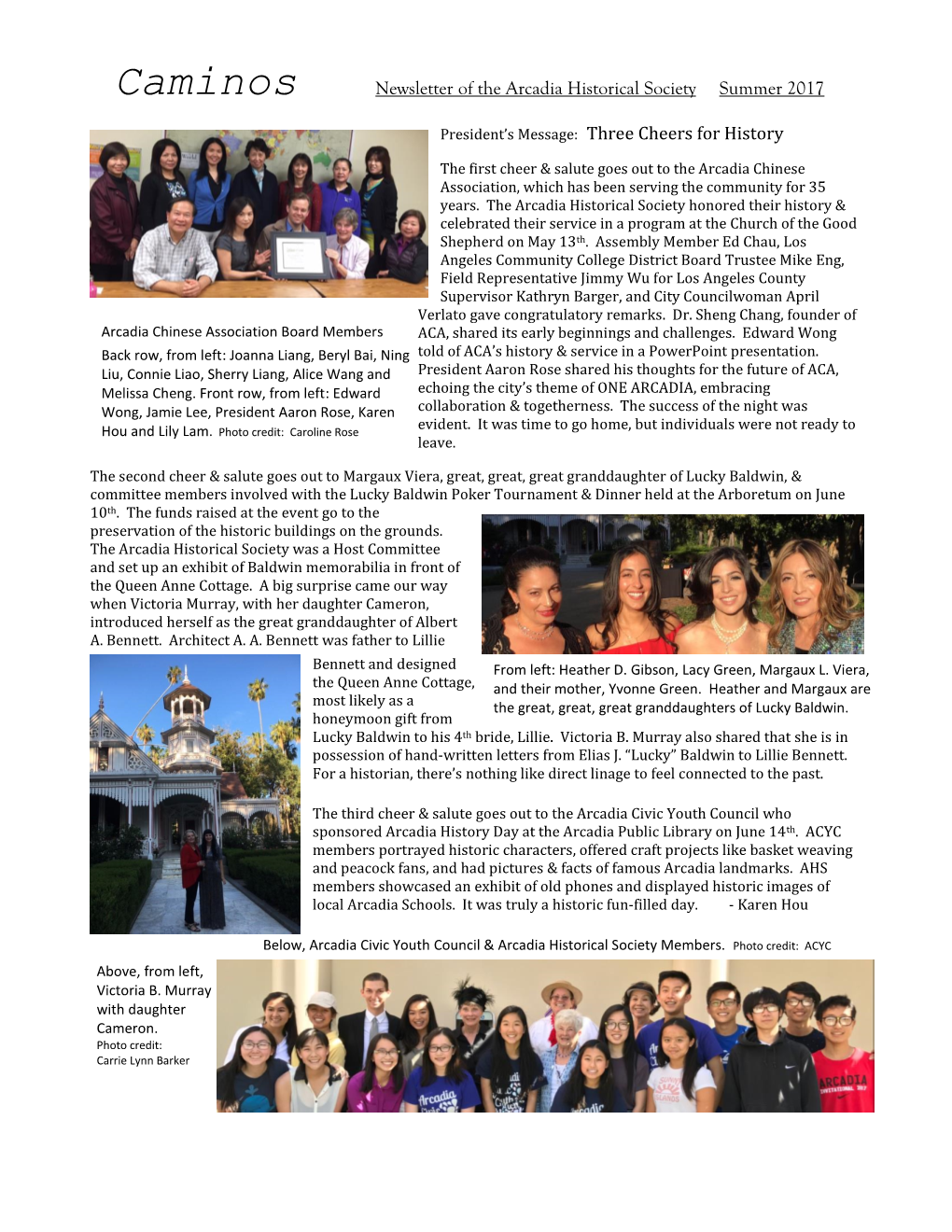 Caminos Newsletter of the Arcadia Historical Society Summer 2017