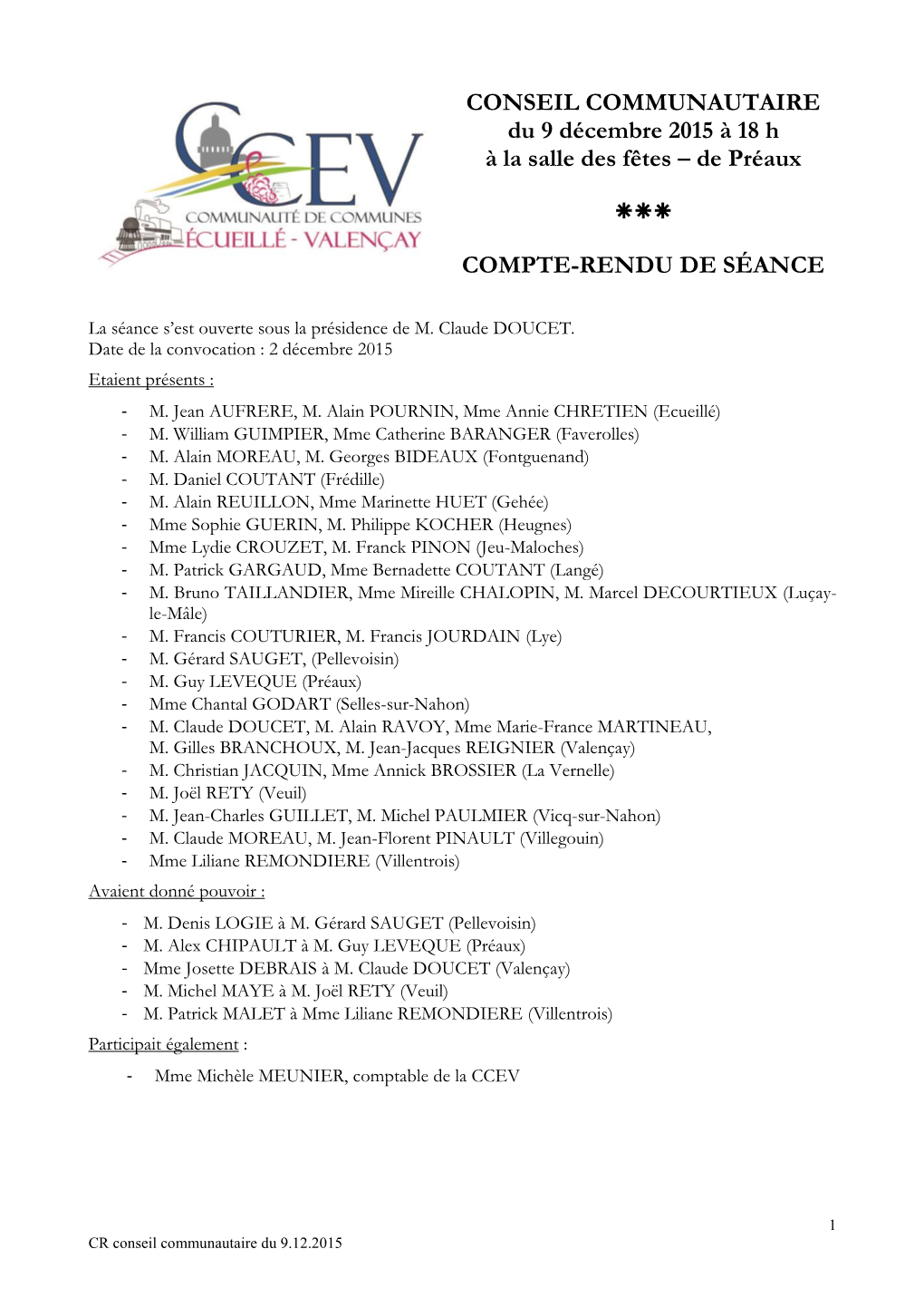 Compte-Rendu Conseil Communautaire Du 9/12/2015