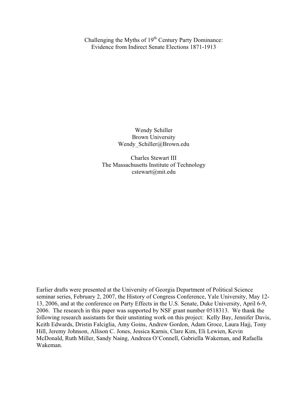 Challenging the Myths of 19Th Century Party Dominance: Evidence from Indirect Senate Elections 1871-1913