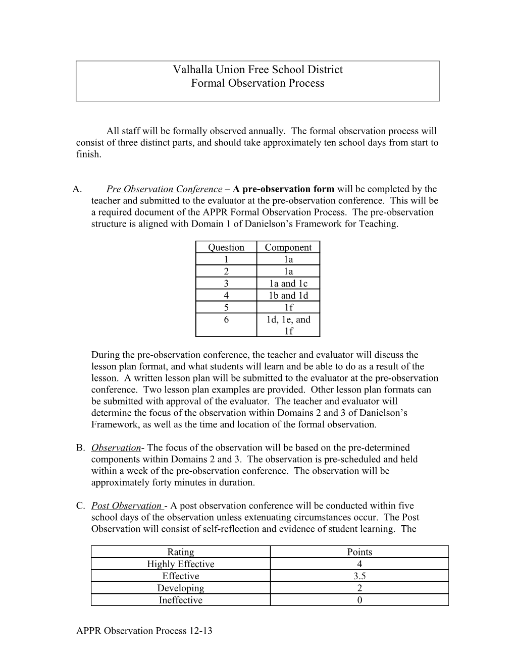 Valhalla Union Free School District Formal Observation Process