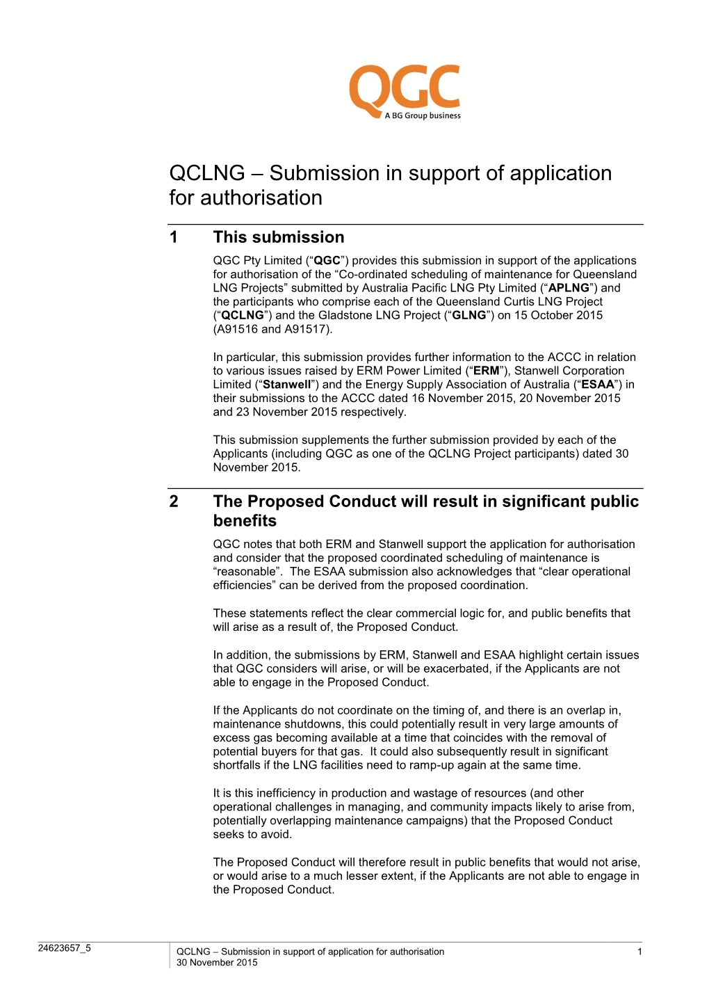 QCLNG – Submission in Support of Application for Authorisation