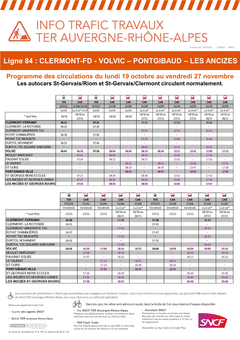 Ligne 84 : CLERMONT-FD - VOLVIC – PONTGIBAUD – LES ANCIZES