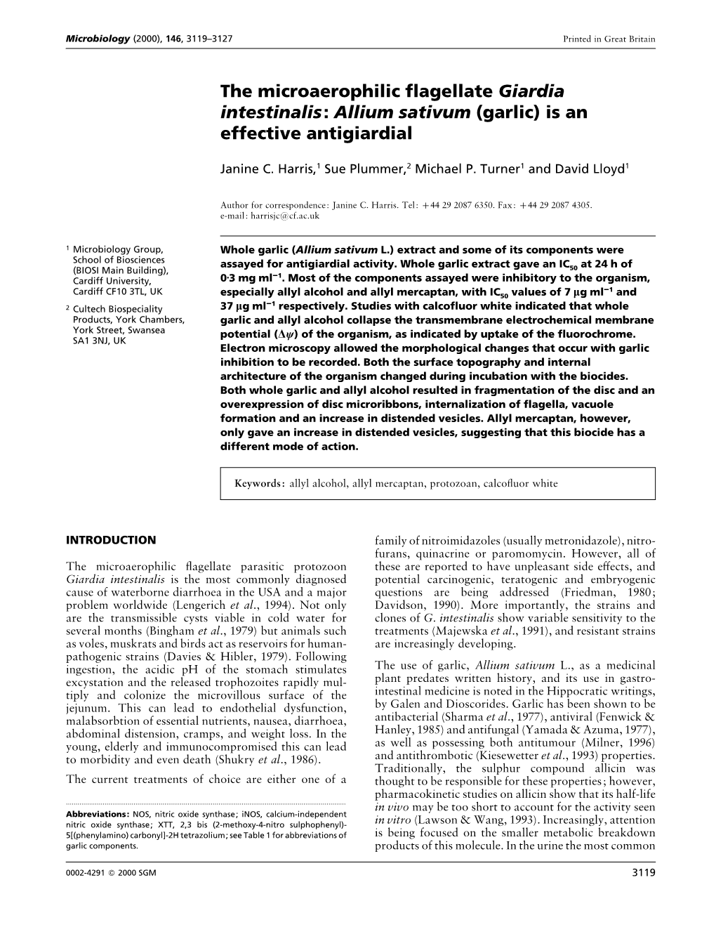 The Microaerophilic Flagellate Giardia Intestinalis: Allium Sativum (Garlic