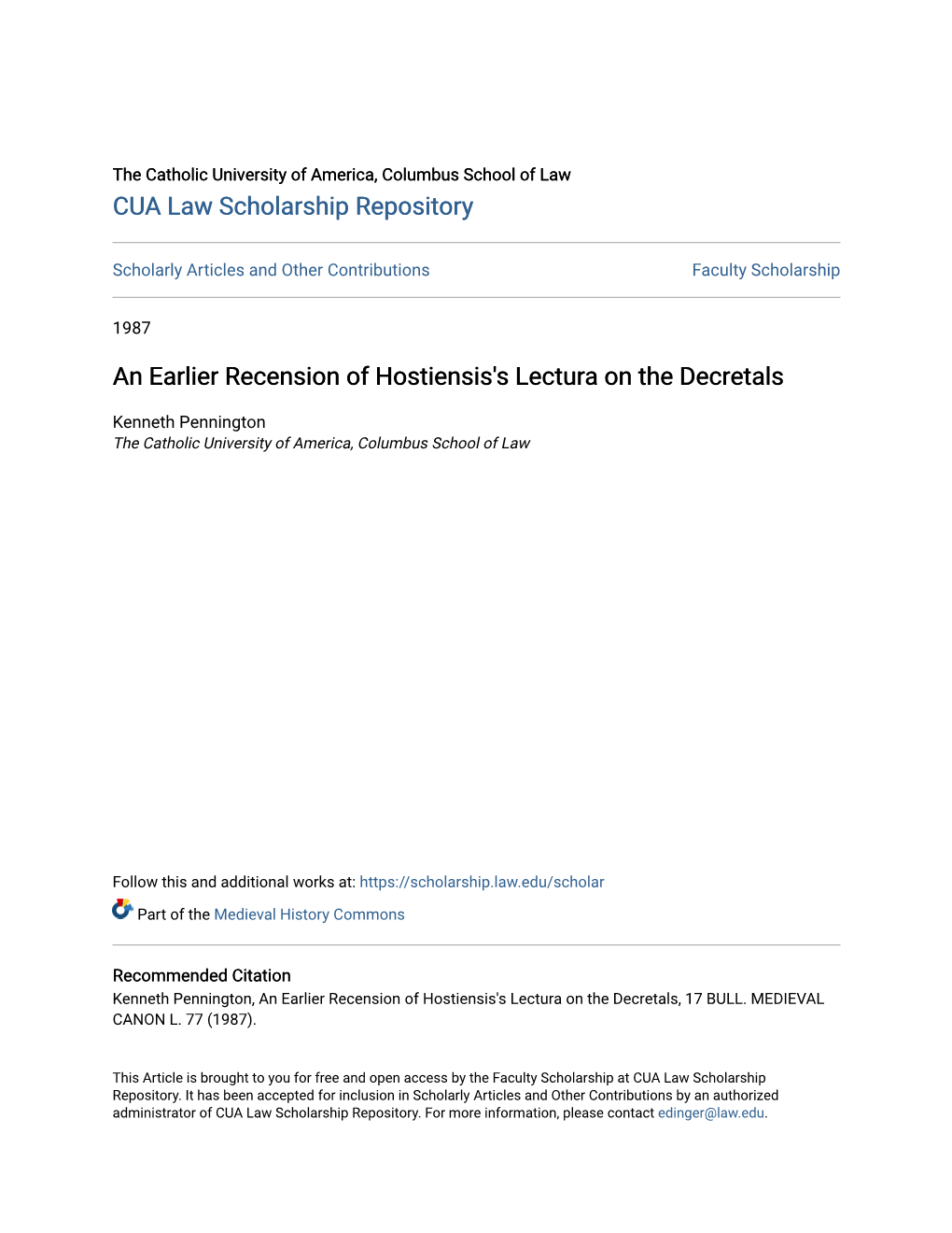 An Earlier Recension of Hostiensis's Lectura on the Decretals