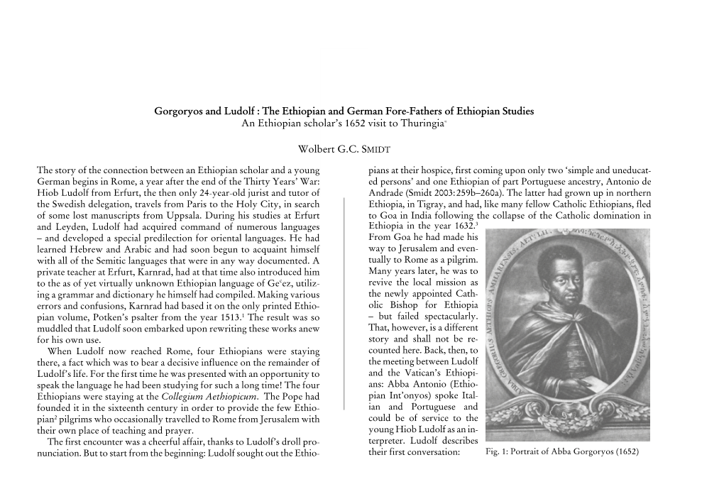 Gorgoryos and Ludolf : the Ethiopian and German Fore-Fathers of Ethiopian Studies an Ethiopian Scholar’S 1652 Visit to Thuringia*