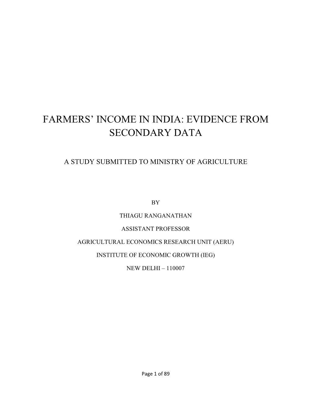 Farmers' Income in India: Evidence from Secondary