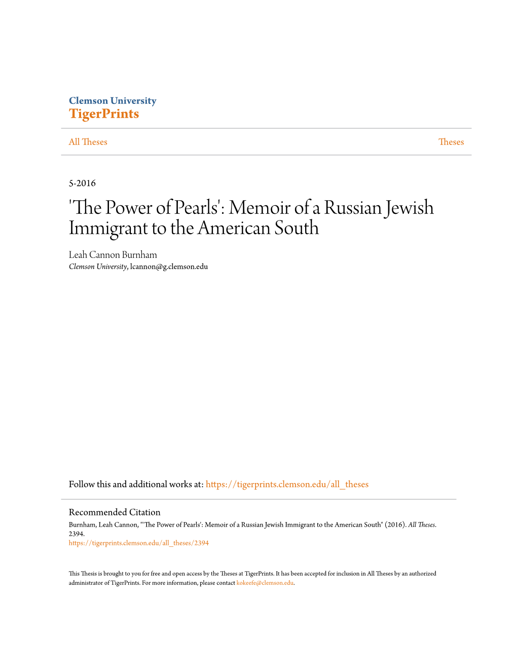 'The Power of Pearls': Memoir of a Russian Jewish Immigrant to the American South