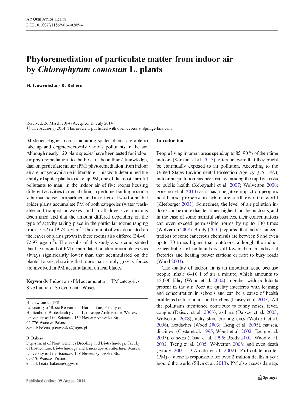 Phytoremediation of Particulate Matter from Indoor Air by Chlorophytum Comosum L. Plants