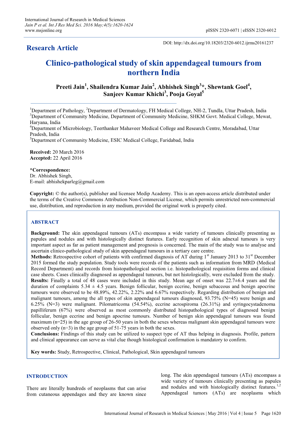 Clinico-Pathological Study of Skin Appendageal Tumours from Northern India