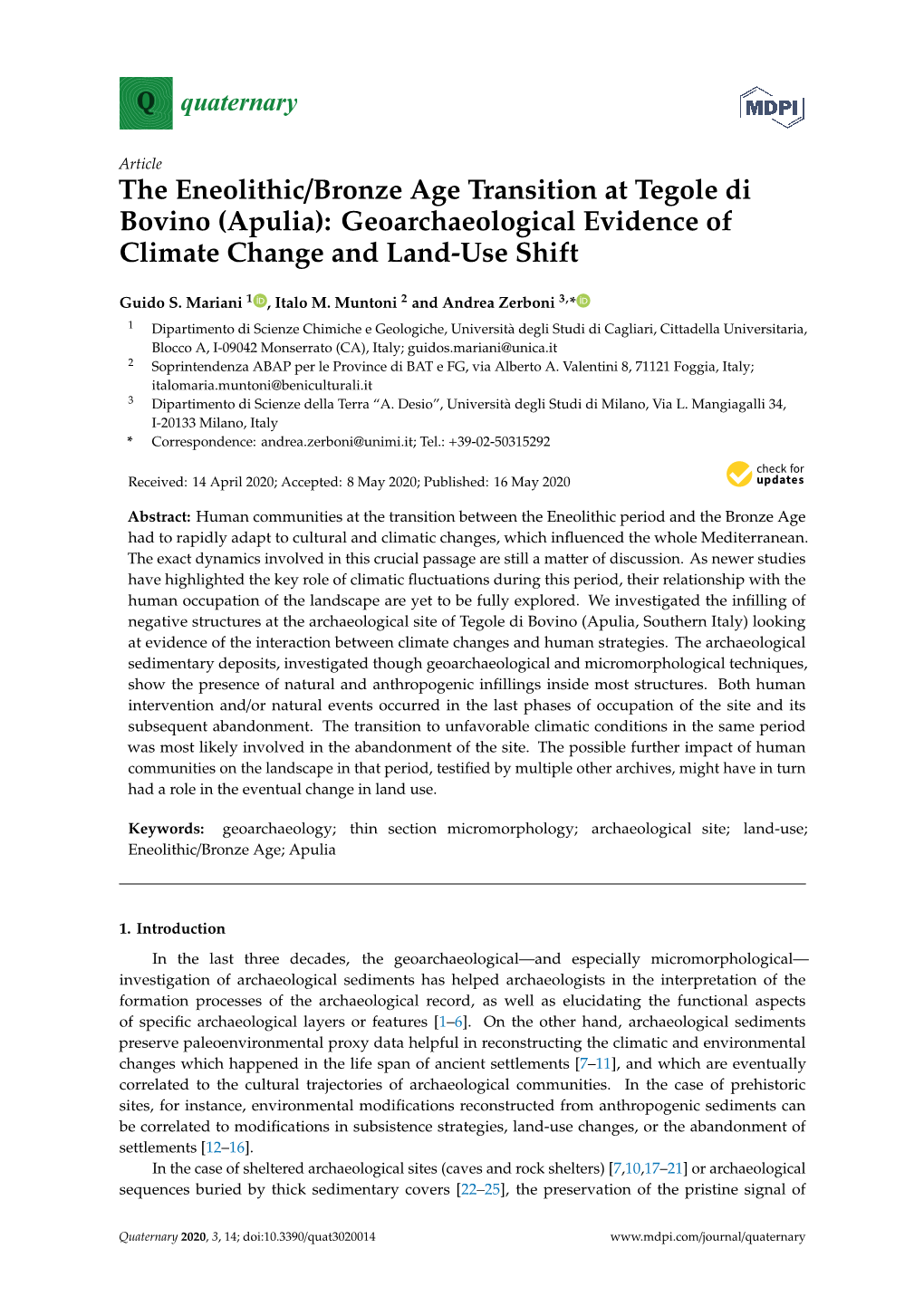 The Eneolithic/Bronze Age Transition at Tegole Di Bovino (Apulia): Geoarchaeological Evidence of Climate Change and Land-Use Shift