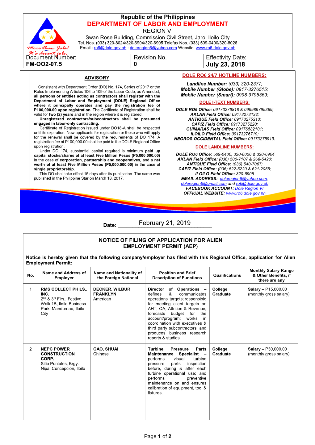 DEPARTMENT of LABOR and EMPLOYMENT July 23, 2018