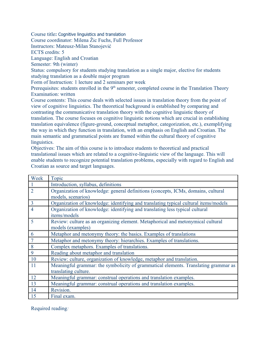 Course Title: Cognitive Linguistics and Translation