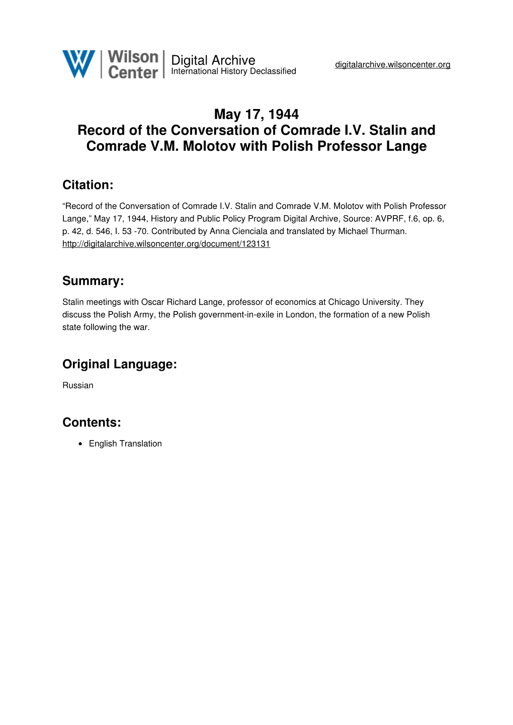 May 17, 1944 Record of the Conversation of Comrade I.V. Stalin and Comrade V.M