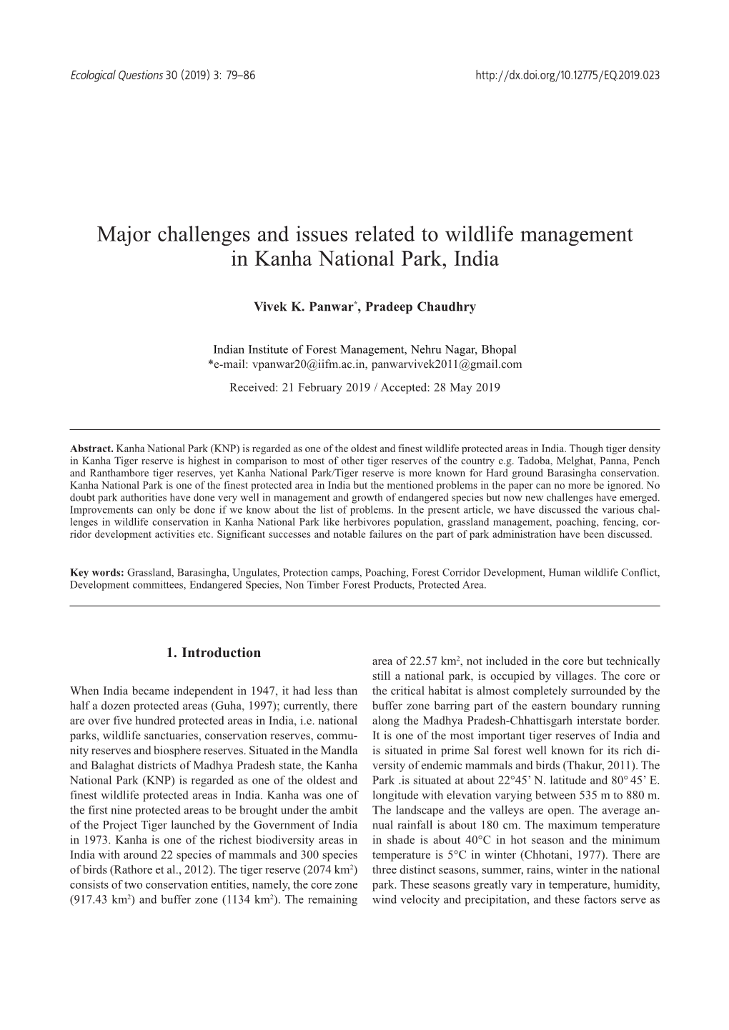 Major Challenges and Issues Related to Wildlife Management in Kanha National Park, India 81