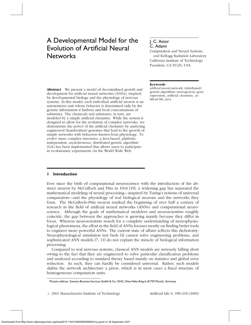 A Developmental Model for the Evolution of Artificial Neural Networks