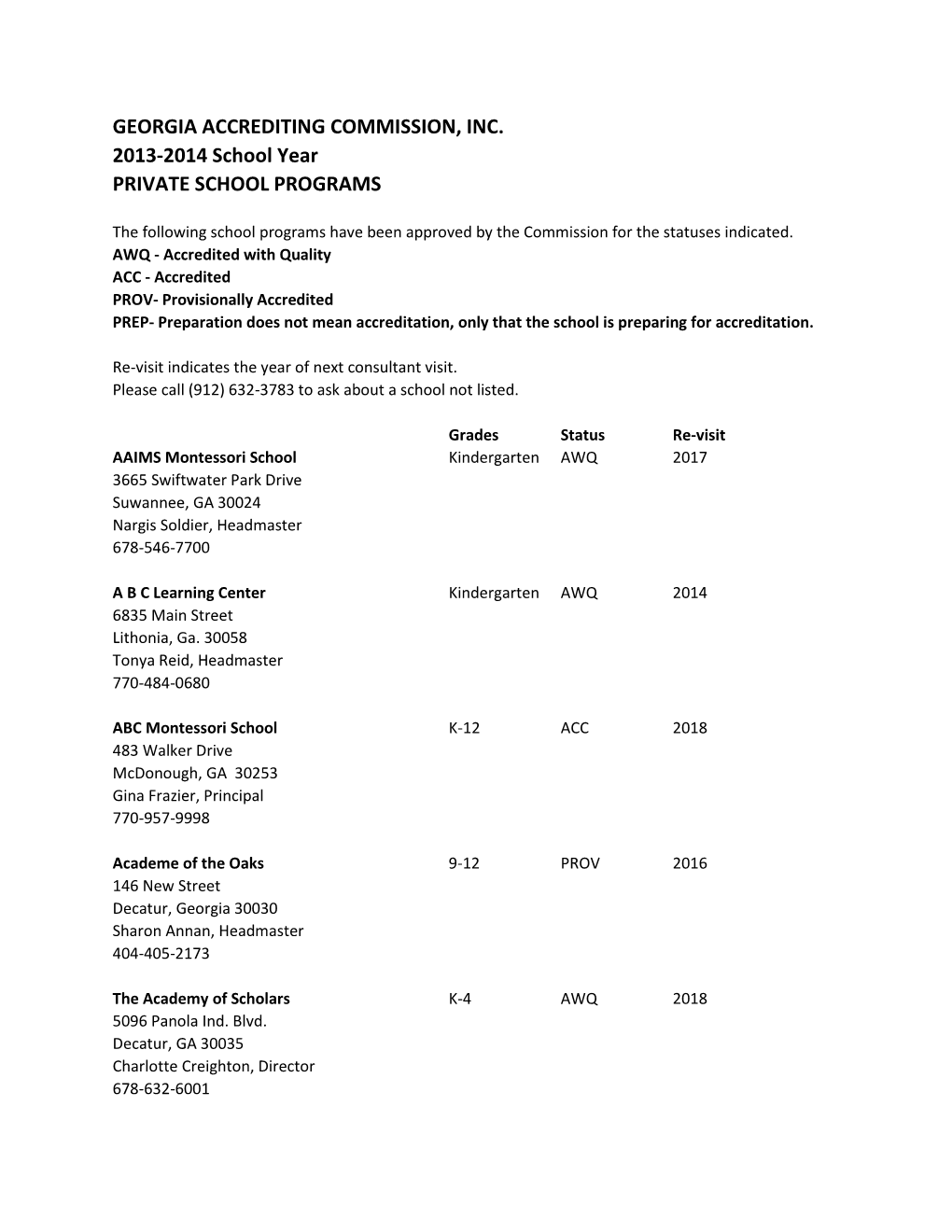 GEORGIA ACCREDITING COMMISSION, INC. 2013-2014 School Year PRIVATE SCHOOL PROGRAMS