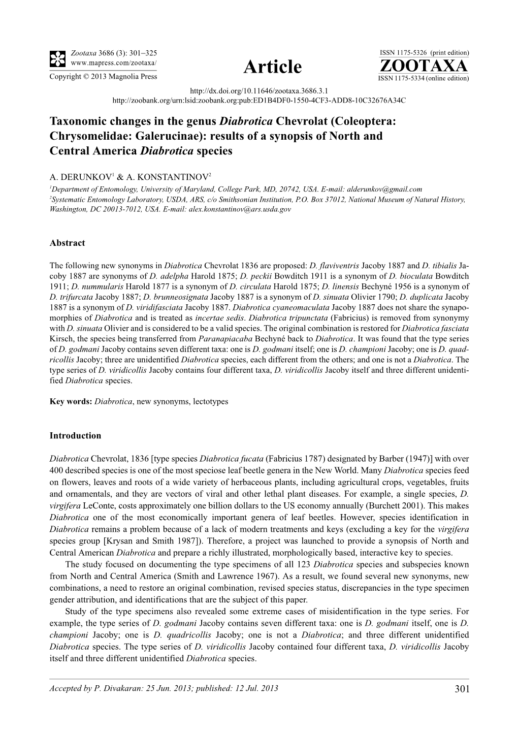 Taxonomic Changes in the Genus Diabrotica Chevrolat (Coleoptera: Chrysomelidae: Galerucinae): Results of a Synopsis of North and Central America Diabrotica Species