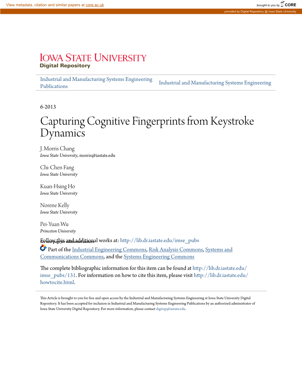 Capturing Cognitive Fingerprints from Keystroke Dynamics J