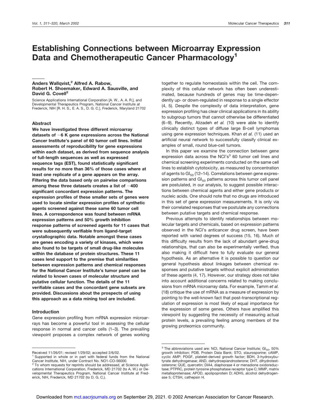 Establishing Connections Between Microarray Expression Data and Chemotherapeutic Cancer Pharmacology1