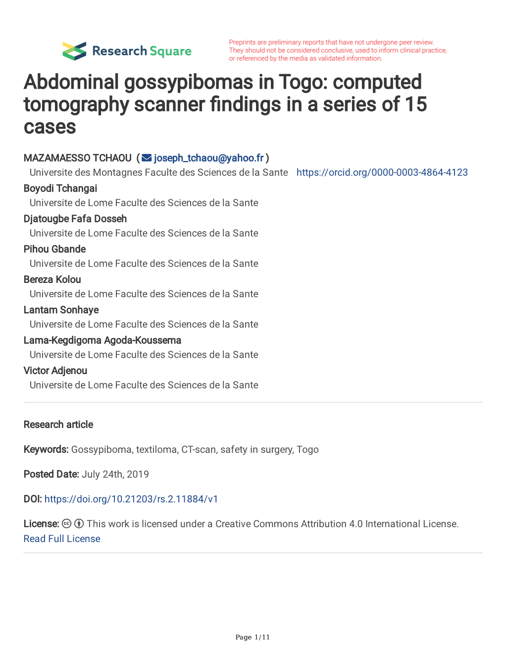 Abdominal Gossypibomas in Togo: Computed Tomography Scanner Fndings in a Series of 15 Cases