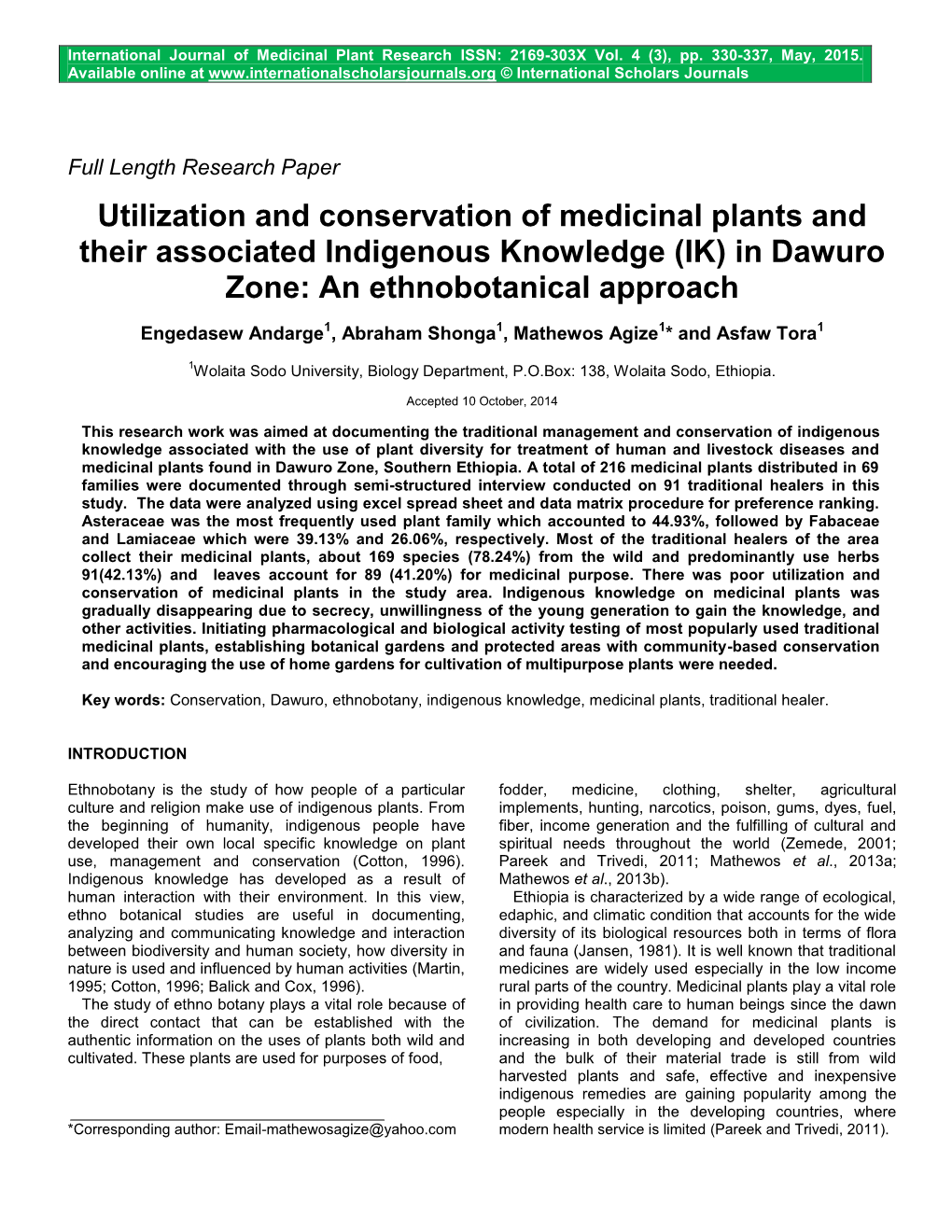 Utilization and Conservation of Medicinal Plants and Their Associated Indigenous Knowledge (IK) in Dawuro Zone: an Ethnobotanical Approach
