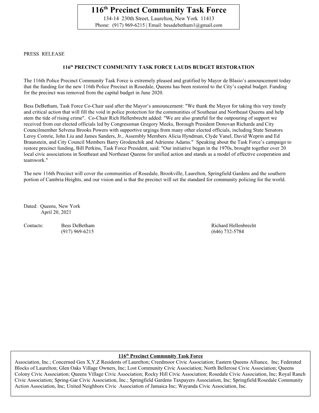 116Th Precinct Community Task Force 134-14 230Th Street, Laurelton, New York 11413 Phone: (917) 969-6215 | Email: Bessdebetham1@Gmail.Com