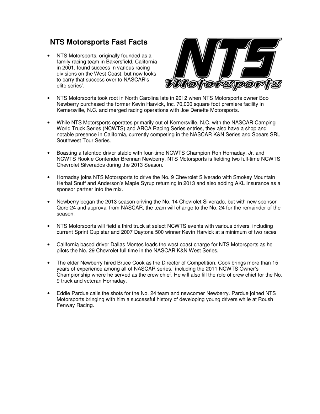 NTS Motorsports Fast Facts