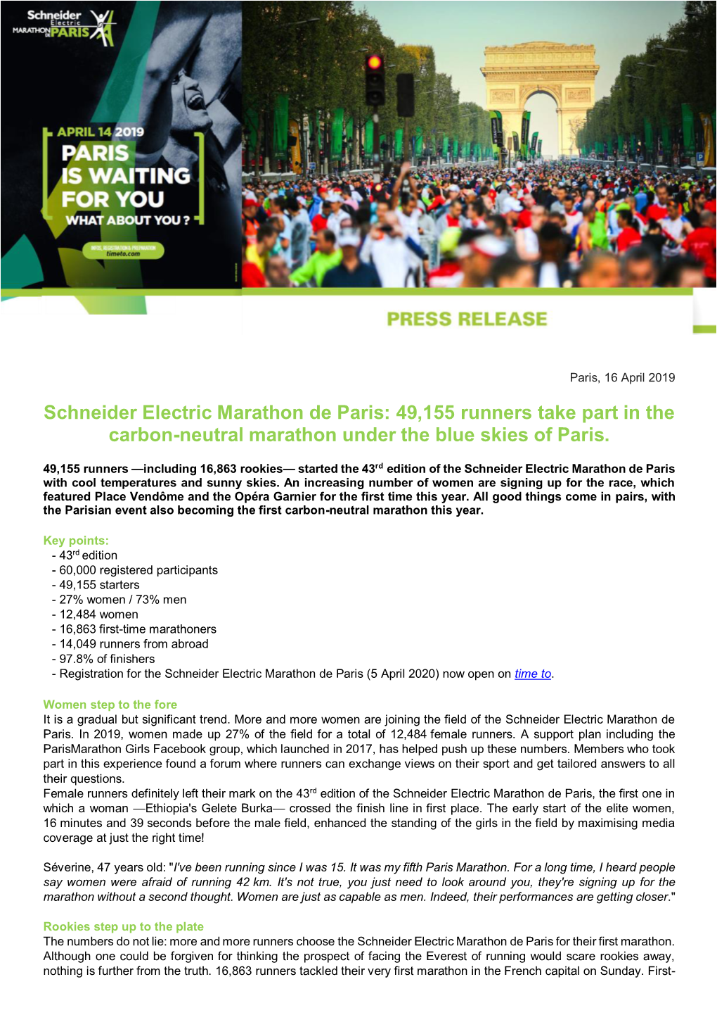 Schneider Electric Marathon De Paris: 49,155 Runners Take Part in the Carbon-Neutral Marathon Under the Blue Skies of Paris