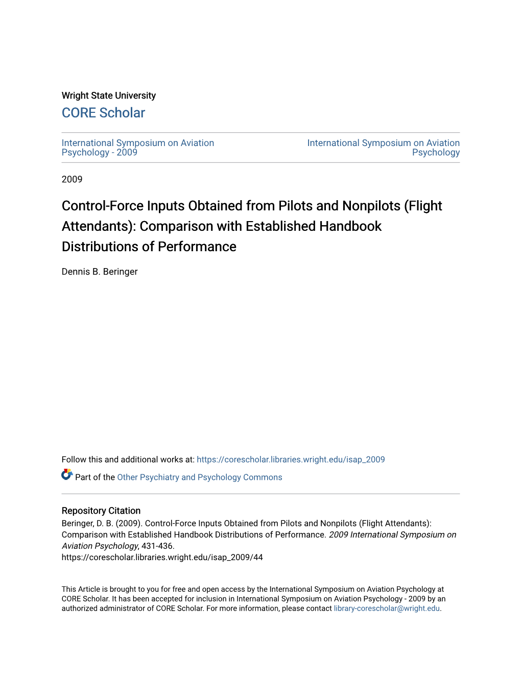 Control-Force Inputs Obtained from Pilots and Nonpilots (Flight Attendants): Comparison with Established Handbook Distributions of Performance