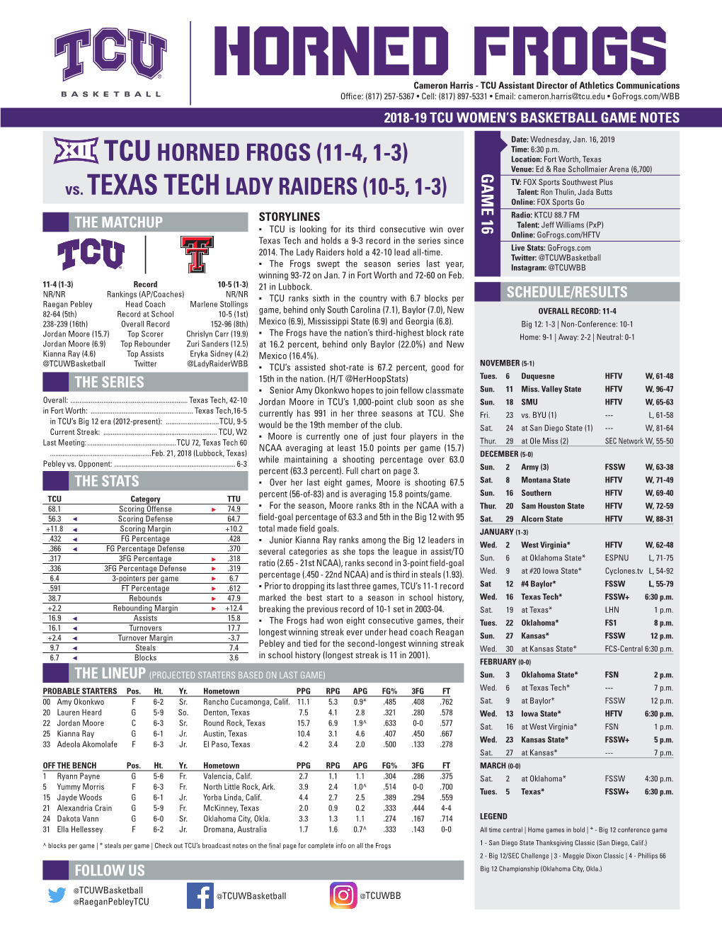 TCUHORNED FROGS (11-4, 1-3) Vs. TEXAS TECHLADY RAIDERS