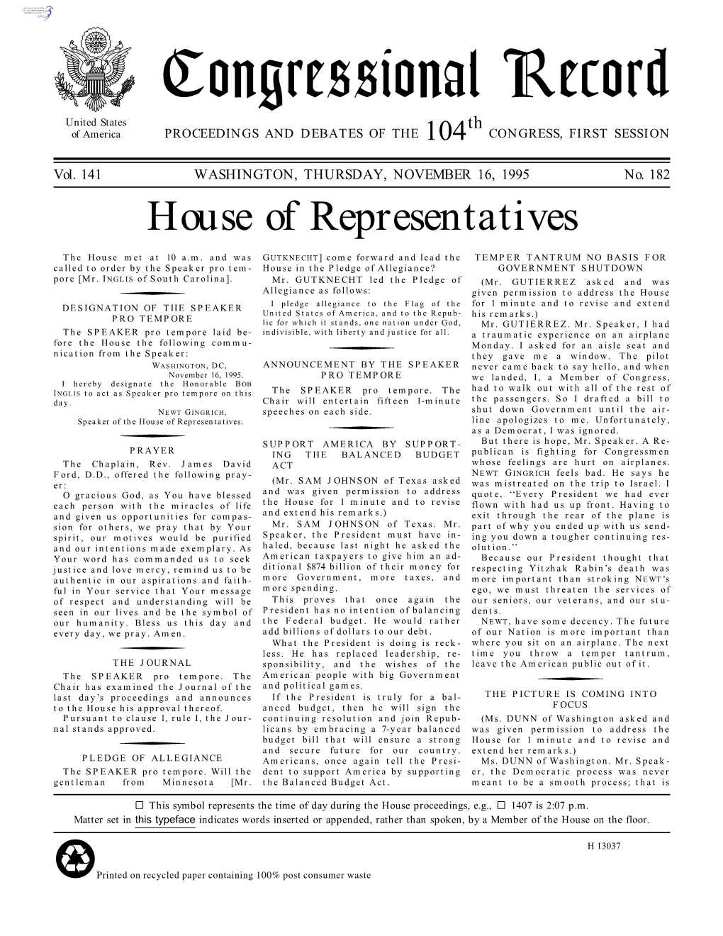 Congressional Record United States Th of America PROCEEDINGS and DEBATES of the 104 CONGRESS, FIRST SESSION