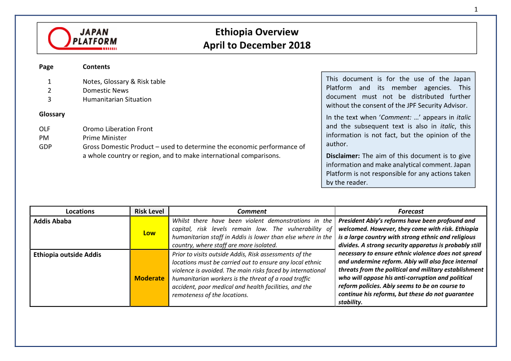 Ethiopia Overview April to December 2018