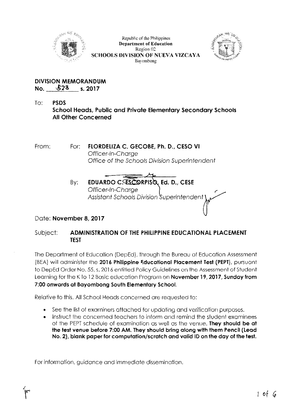 I of G LIST of PEPT TEST TAKERS Bayombong South Elementary School November 19,2017@ 7:00AM