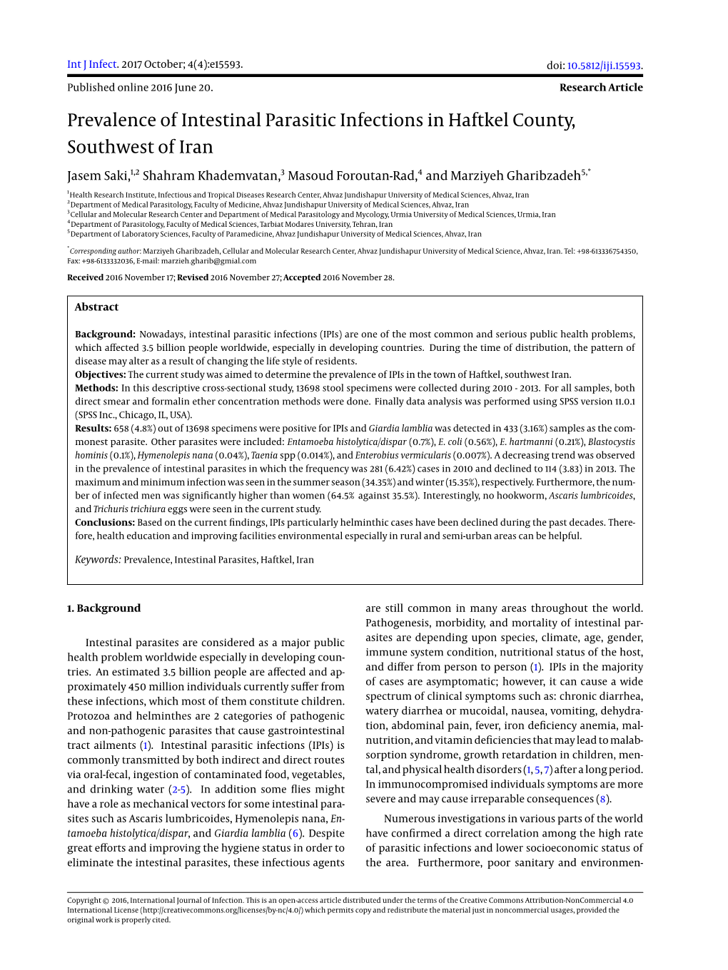 Prevalence of Intestinal Parasitic Infections in Haftkel County