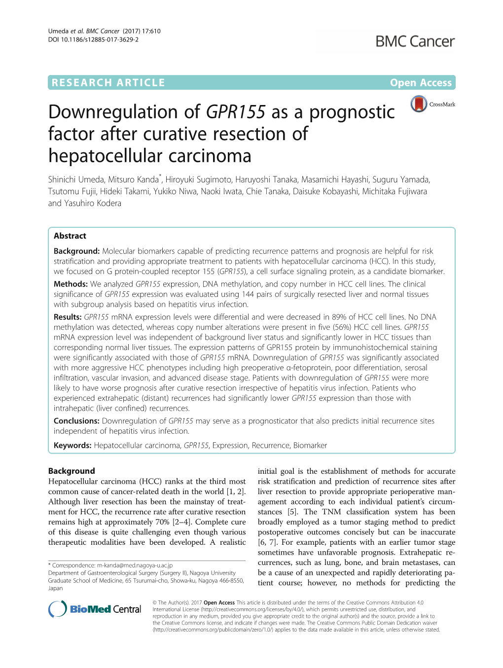 Downregulation of GPR155 As a Prognostic Factor After Curative