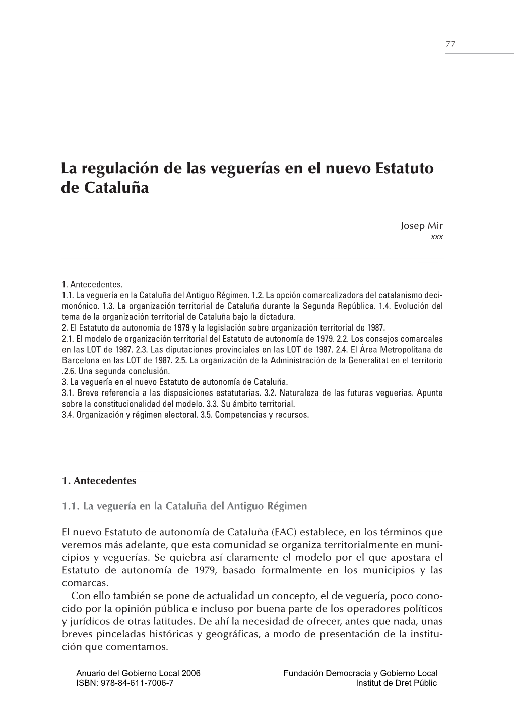 La Regulación De Las Veguerías En El Nuevo Estatuto De Cataluña