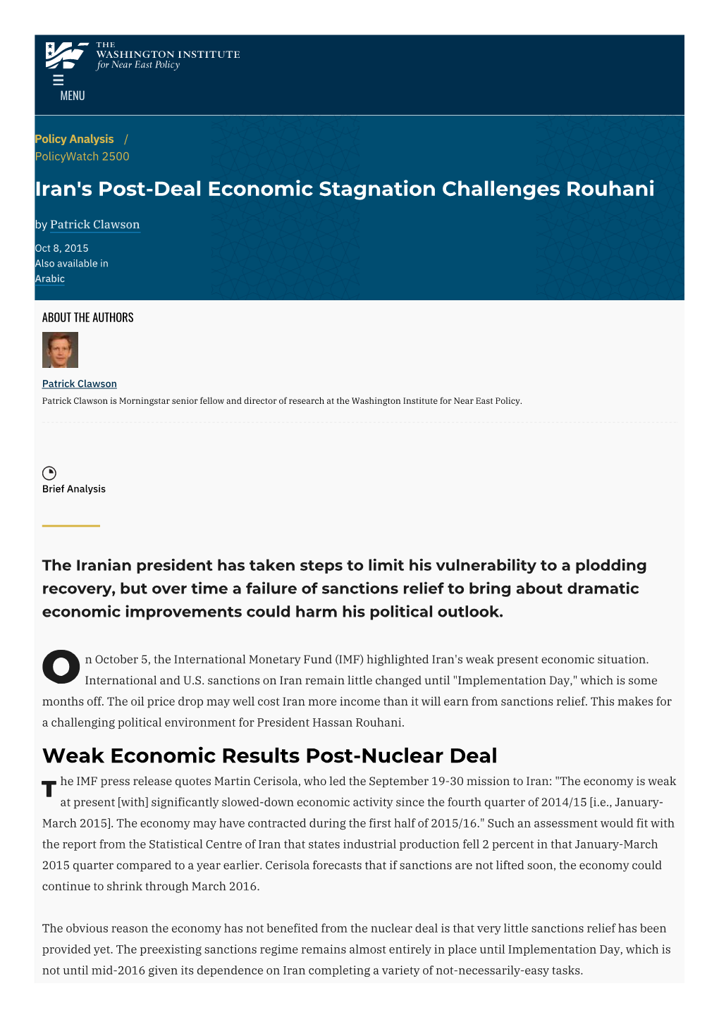 Iran's Post-Deal Economic Stagnation Challenges Rouhani by Patrick Clawson