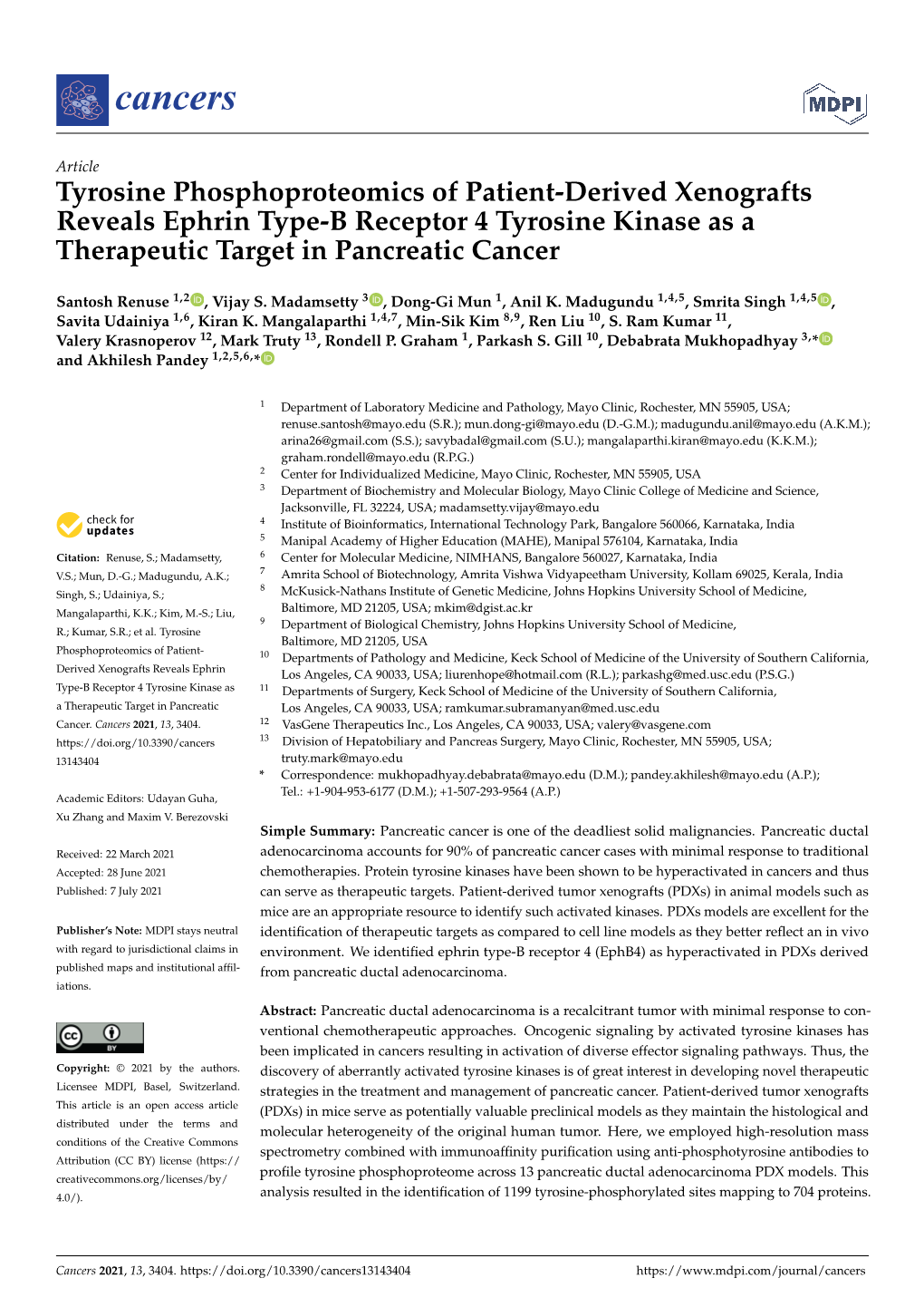 Tyrosine Phosphoproteomics of Patient-Derived Xenografts Reveals Ephrin Type-B Receptor 4 Tyrosine Kinase As a Therapeutic Target in Pancreatic Cancer