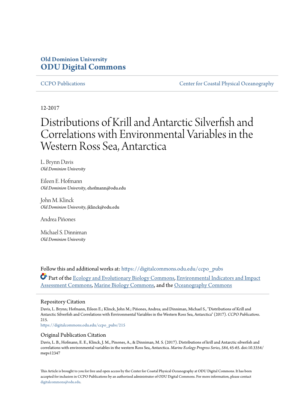 Distributions of Krill and Antarctic Silverfish and Correlations with Environmental Variables in the Western Ross Sea, Antarctica L