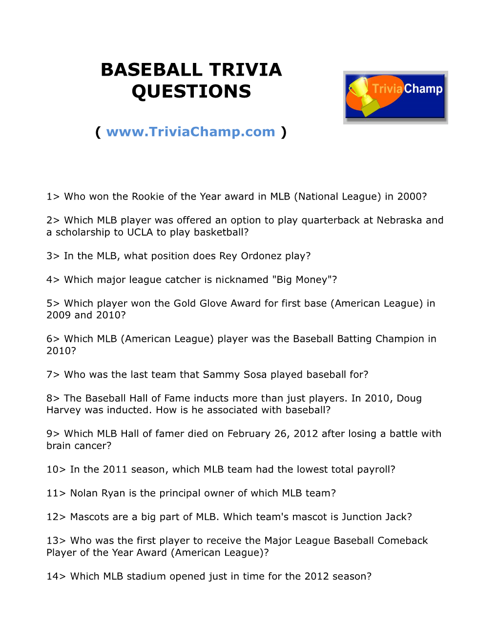 Baseball Trivia Questions