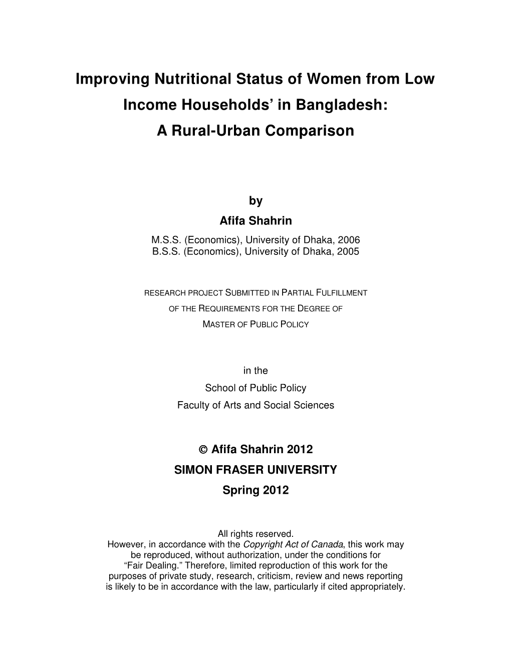 Improving Nutritional Status of Women from Low Income Households’ in Bangladesh: a Rural-Urban Comparison