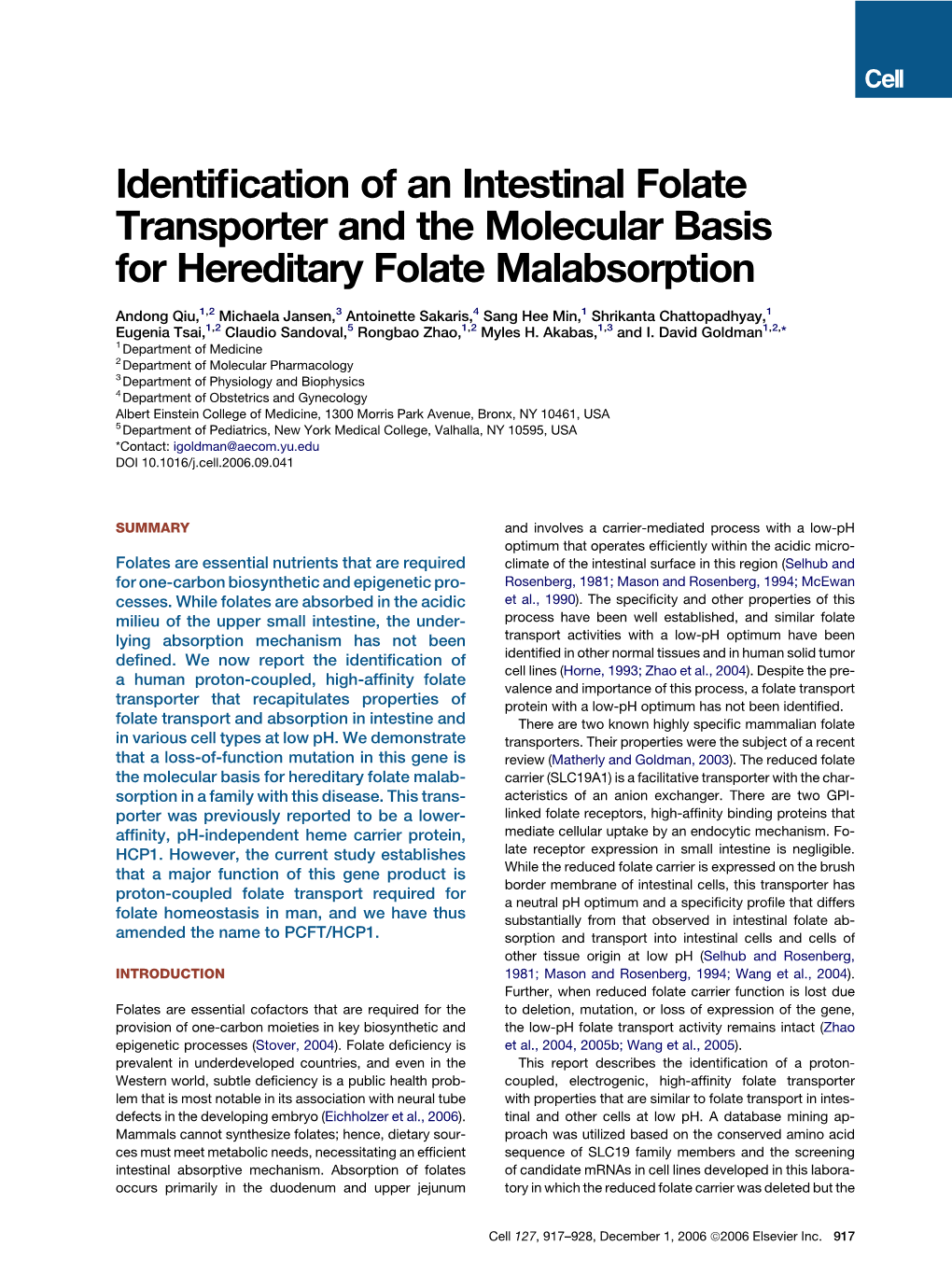 Identification of an Intestinal Folate Transporter and the Molecular