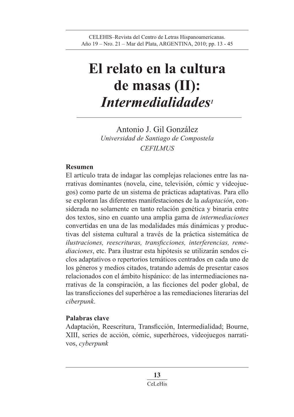 El Relato En La Cultura De Masas (II): Intermedialidades1