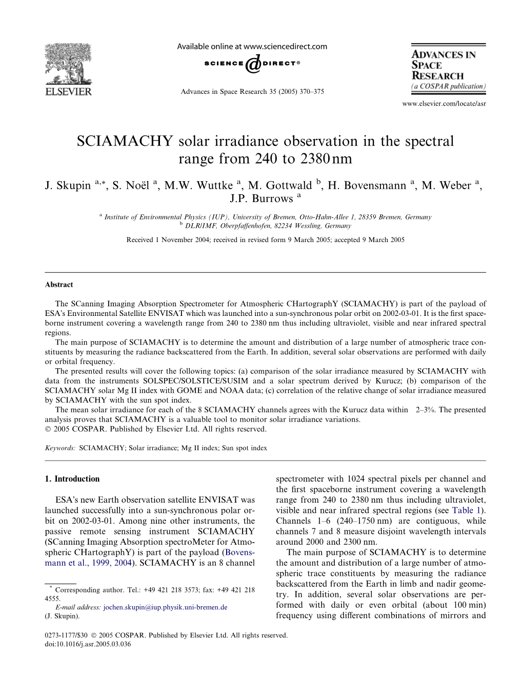 SCIAMACHY Solar Irradiance Observation in the Spectral Range from 240 to 2380Nm