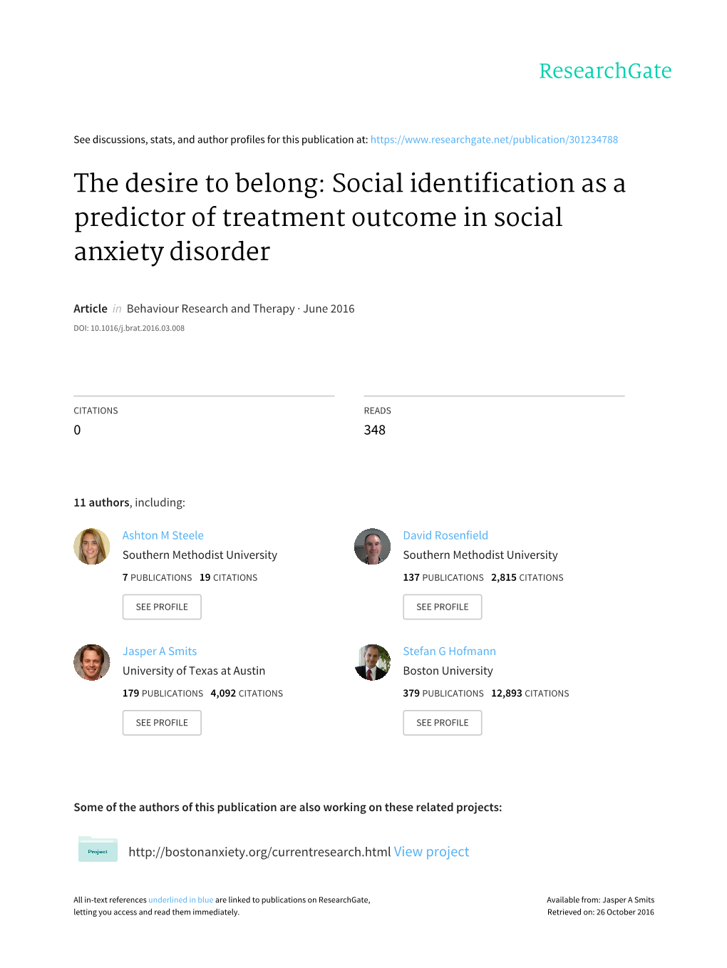 Social Identification As a Predictor of Treatment Outcome in Social Anxiety Disorder